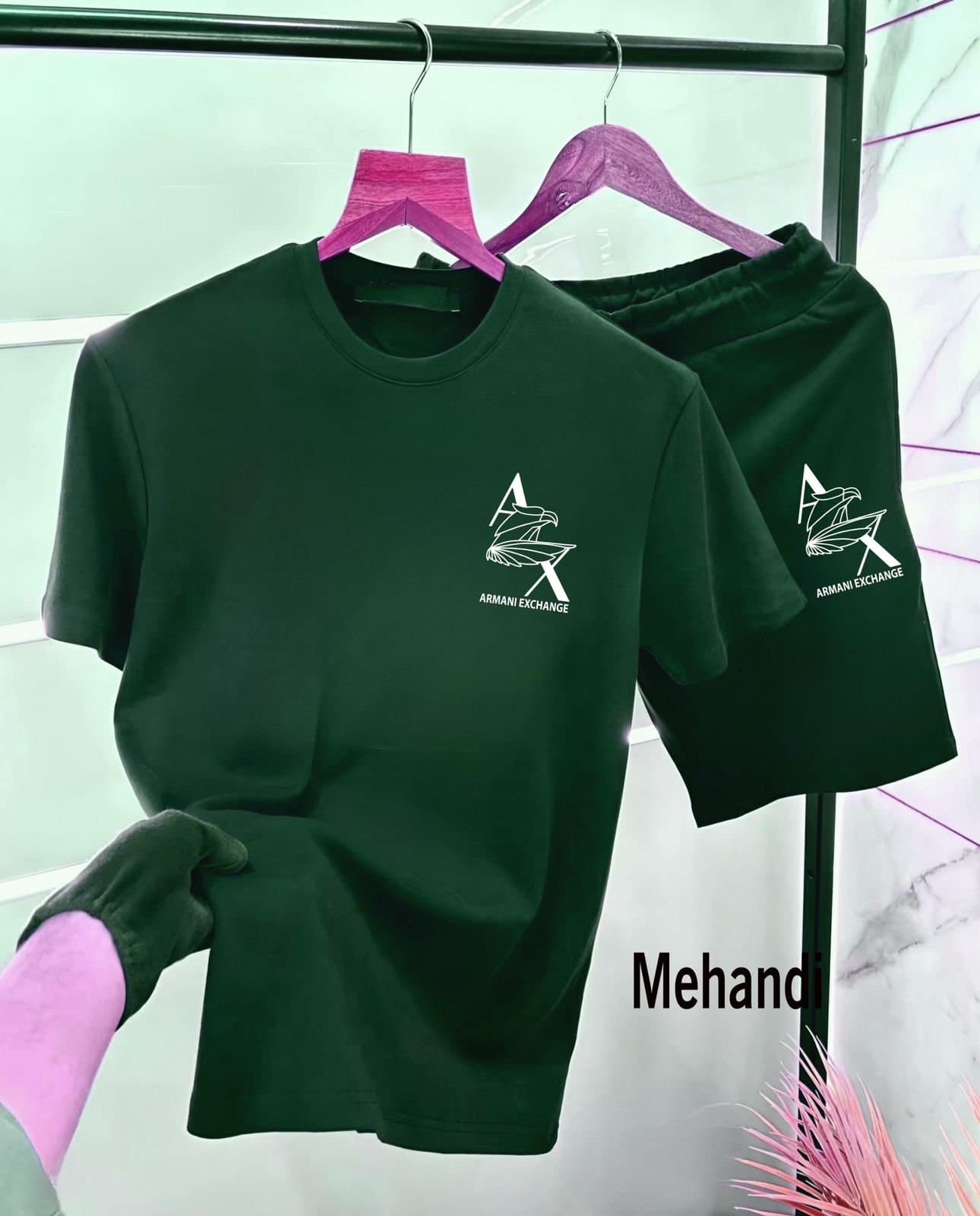 PREMIUM Quality Armani Exchange A|X Logo Pure Cotton T-Shirt &amp; Shorts Co-ord Set (480 GSM) - Thumbnail 2