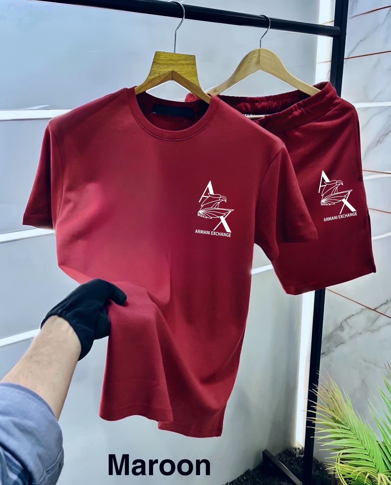 PREMIUM Quality Armani Exchange A|X Logo Pure Cotton T-Shirt &amp; Shorts Co-ord Set (480 GSM) - Thumbnail 4