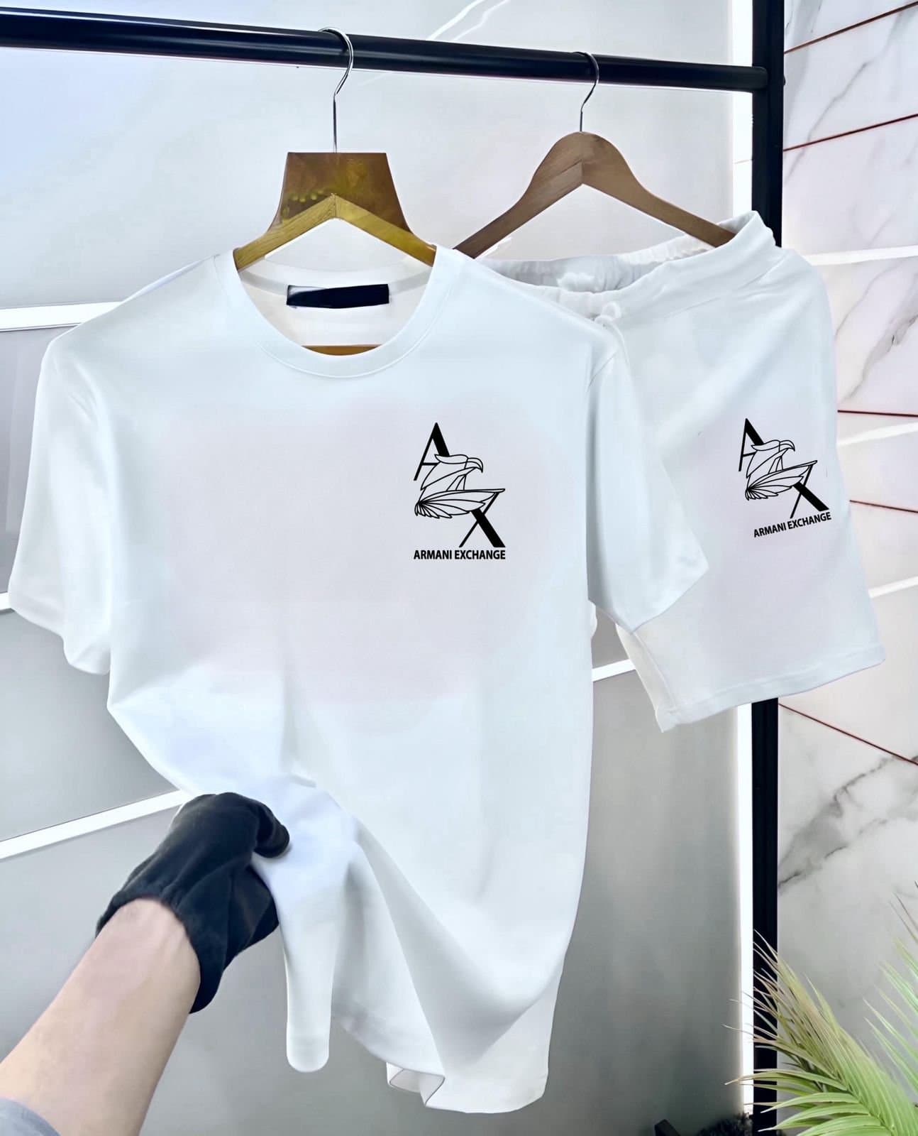 PREMIUM Quality Armani Exchange A|X Logo Pure Cotton T-Shirt &amp; Shorts Co-ord Set (480 GSM) - Thumbnail 3