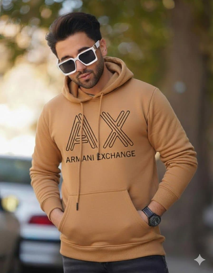 Armani Exchange (A|X) Branded Fleece Pullover Hoodie for Men - Soft &amp; Warm - Thumbnail 2