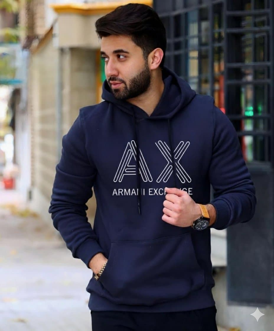Armani Exchange (A|X) Branded Fleece Pullover Hoodie for Men - Soft &amp; Warm - Thumbnail 5