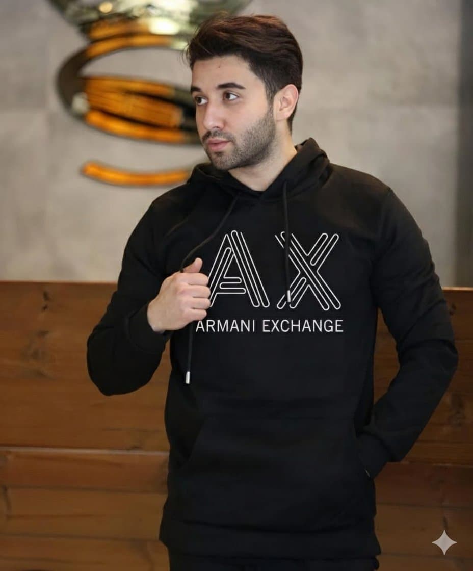 Armani Exchange (A|X) Branded Fleece Pullover Hoodie for Men - Soft &amp; Warm - Thumbnail 3