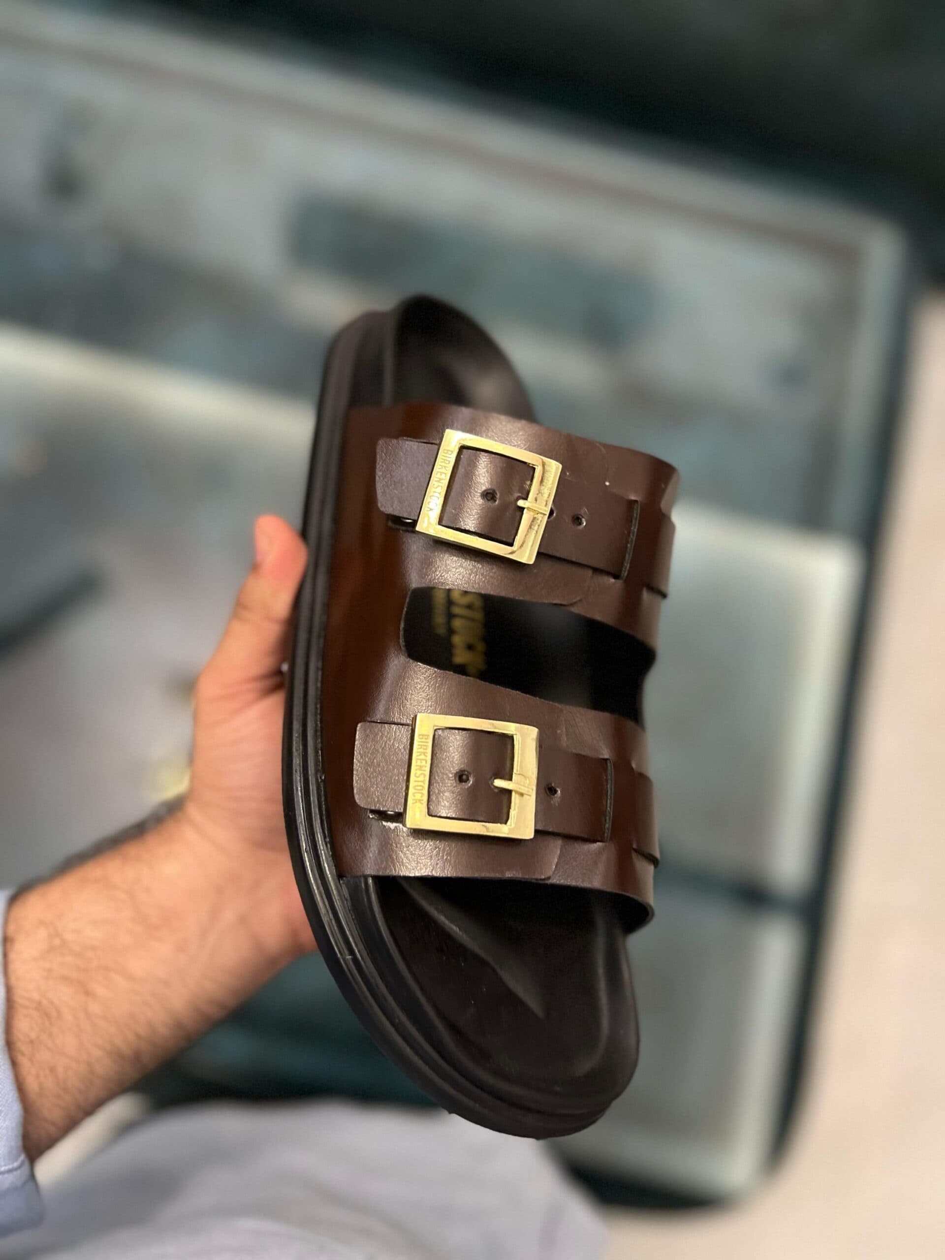 Birkenstock Arizona Oiled Leather Sandals in Dark Brown with Gold Buckles - Thumbnail 2