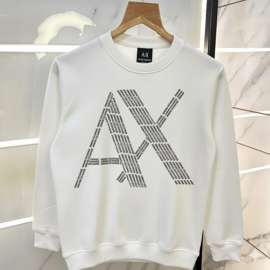 Men's White Crewneck Sweatshirt with Geometric Text-Graphic