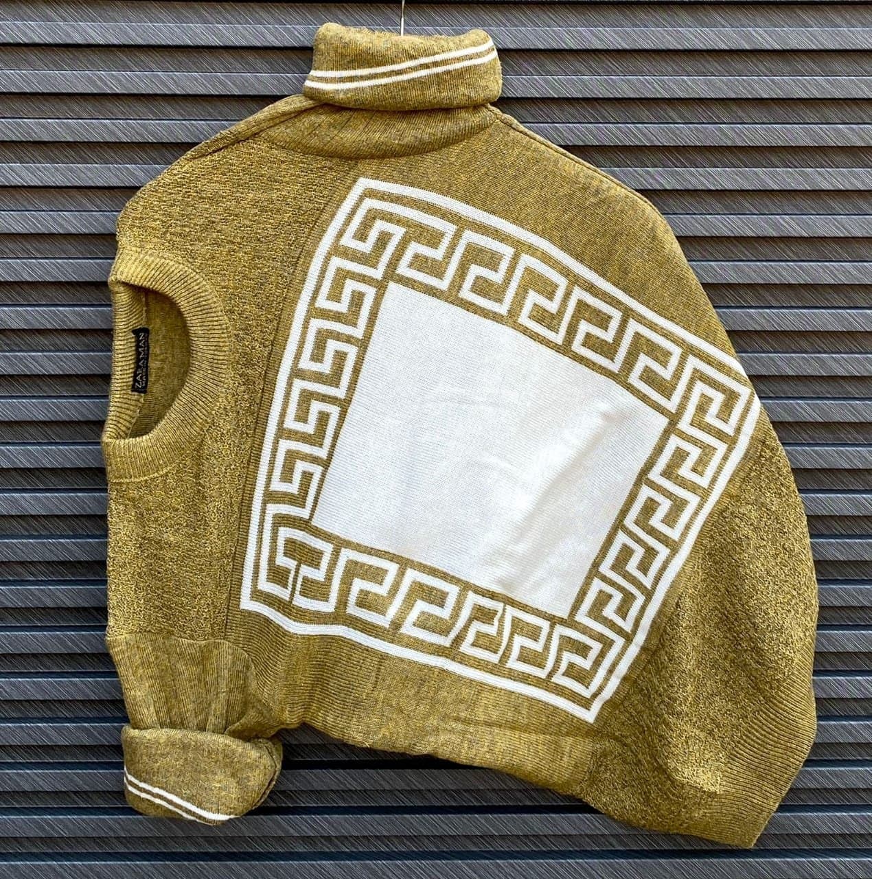 Men's Geometric Key Pattern Turtleneck Sweater | Stylish Textured High Neck Pullover - Thumbnail 4