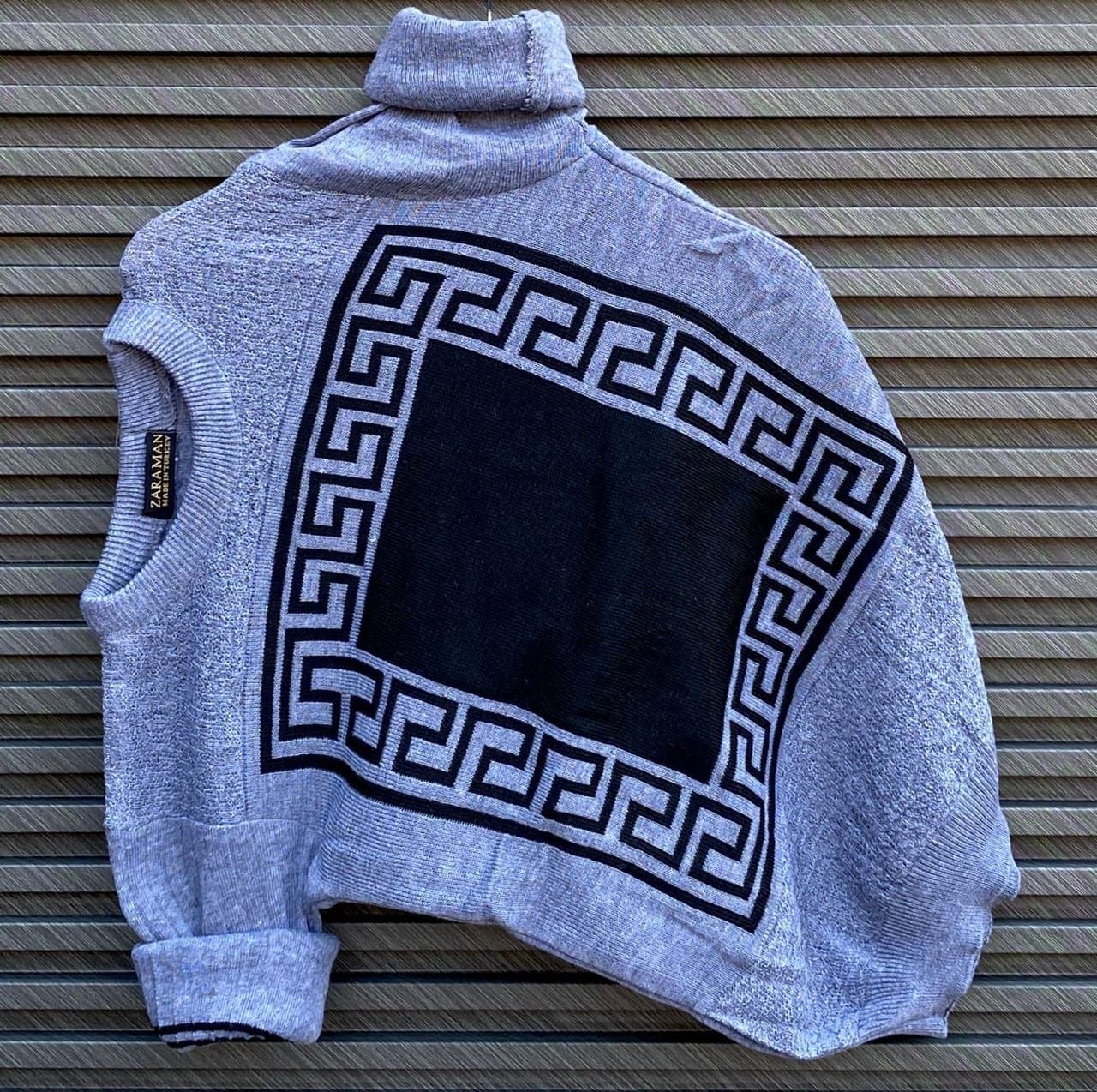 Men's Geometric Key Pattern Turtleneck Sweater | Stylish Textured High Neck Pullover - Thumbnail 5