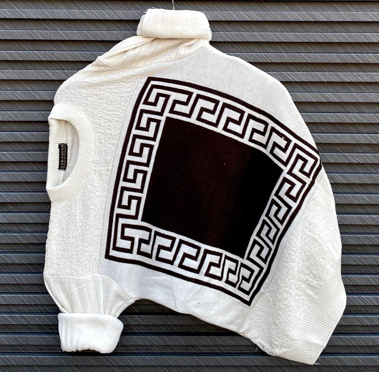 Men's Geometric Key Pattern Turtleneck Sweater | Stylish Textured High Neck Pullover