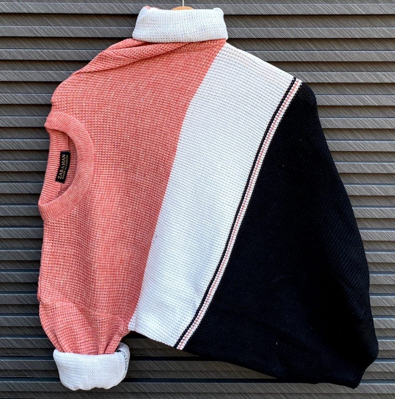 Men's Modern Waffle Knit Color-Block Sweater - Thumbnail 3