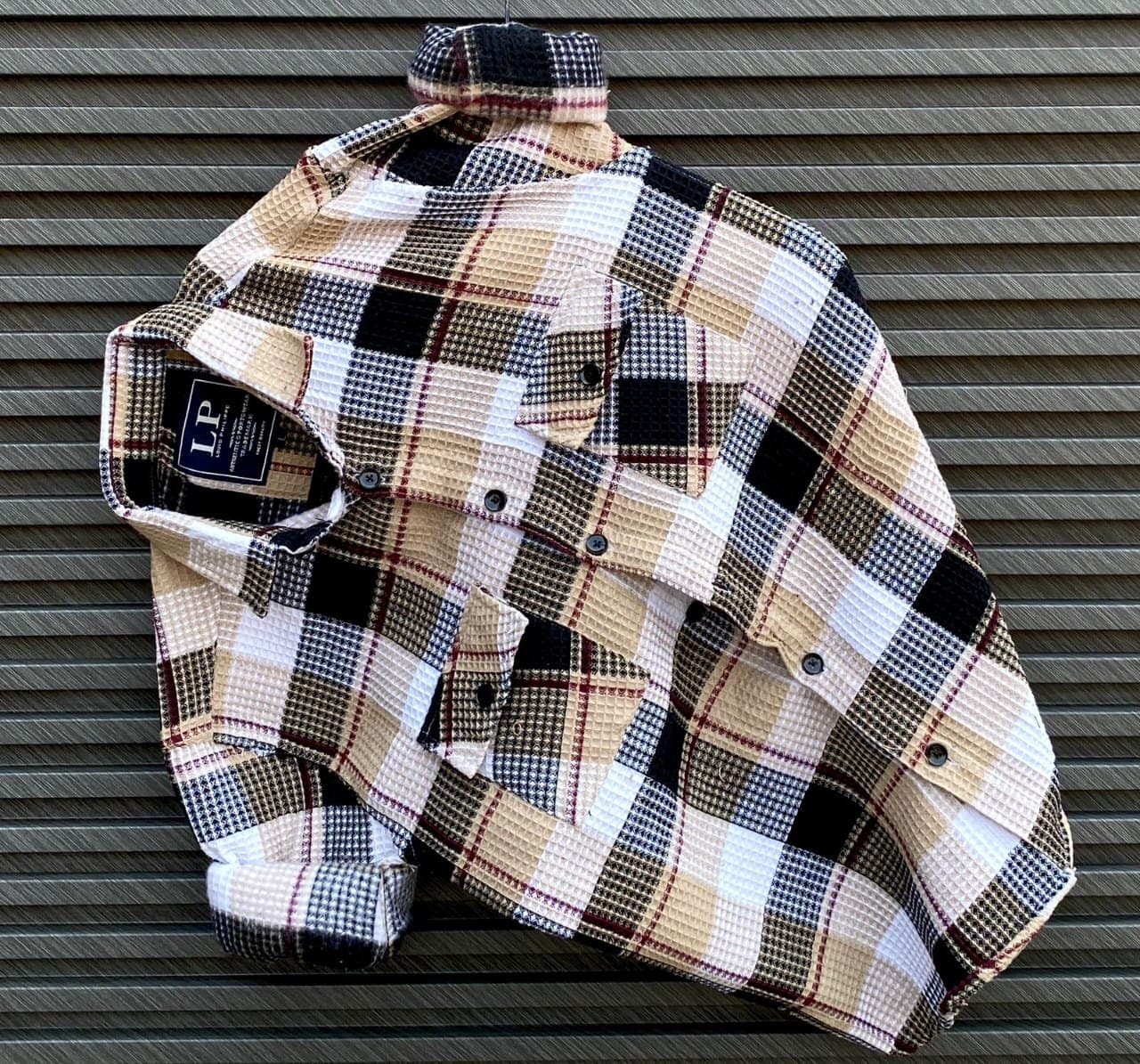 Men's Casual Plaid Waffle Knit Shirt | Full Sleeve Button Down with Twin Pockets - Thumbnail 2