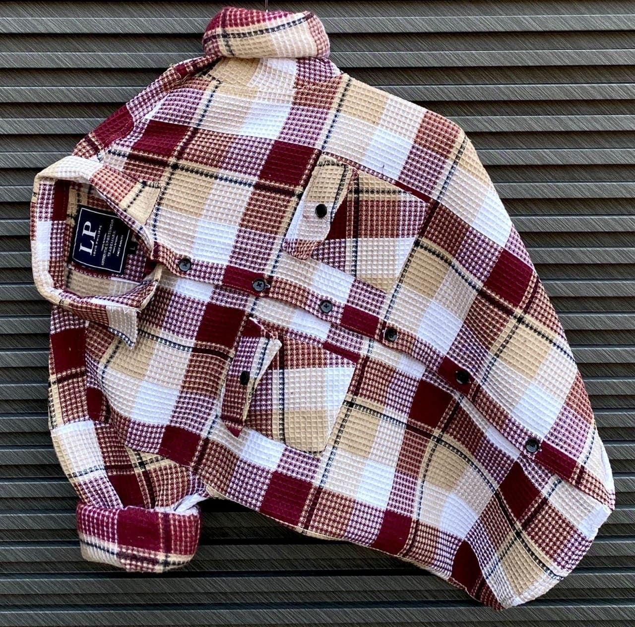 Men's Casual Plaid Waffle Knit Shirt | Full Sleeve Button Down with Twin Pockets
