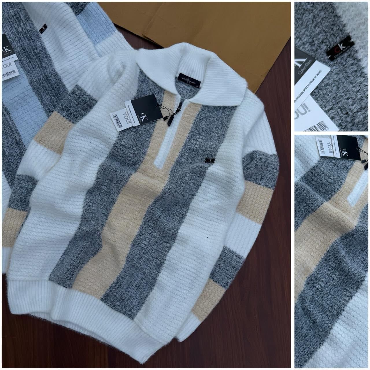 Men's Textured Knit Half-Zip Sweater | Color Block Striped Pullover