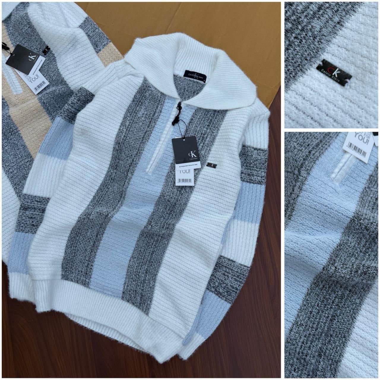 Men's Textured Knit Half-Zip Sweater | Color Block Striped Pullover - Thumbnail 2