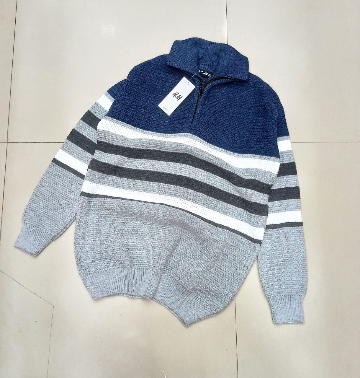 Men's Color-Block Half-Zip Pullover | Textured Knit Striped Sweater - Thumbnail 5