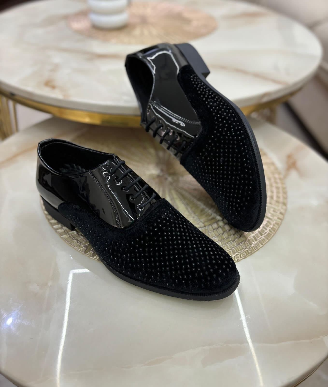 Men's Black Studded Formal Shoes | Velvet &amp; Patent Finish Lace-Up - Thumbnail 3