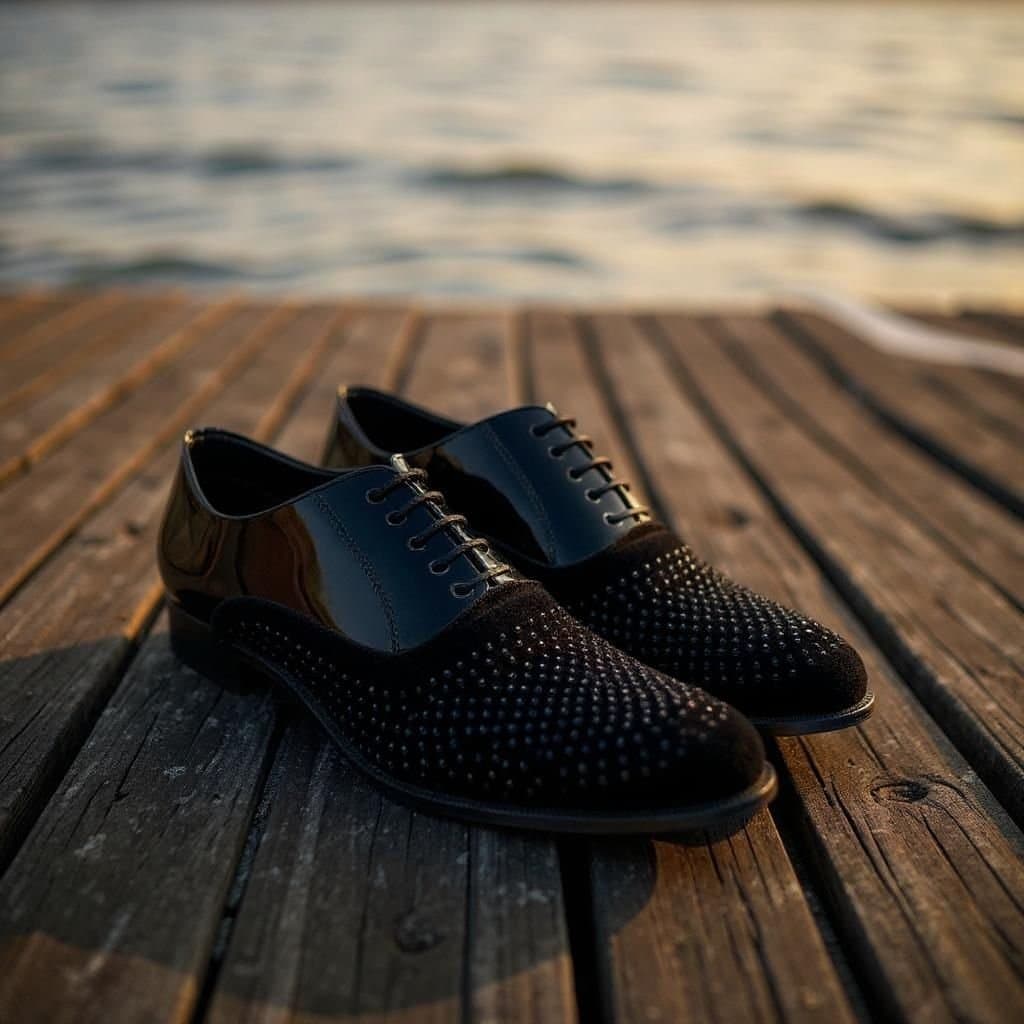 Men's Black Studded Formal Shoes | Velvet &amp; Patent Finish Lace-Up