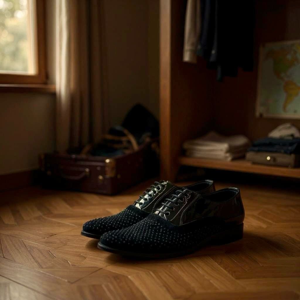 Men's Black Studded Formal Shoes | Velvet &amp; Patent Finish Lace-Up - Thumbnail 2