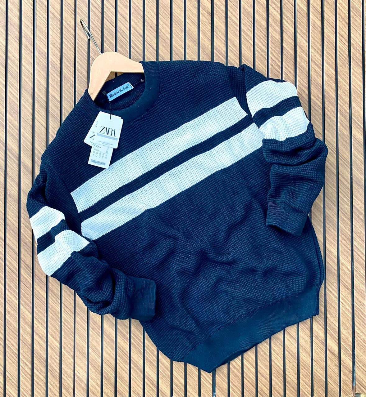 Men's Crew Neck Waffle Knit Striped Pullover Sweater