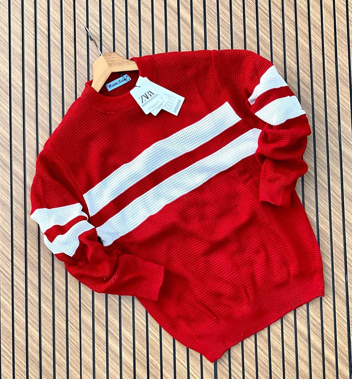 Men's Crew Neck Waffle Knit Striped Pullover Sweater - Thumbnail 5