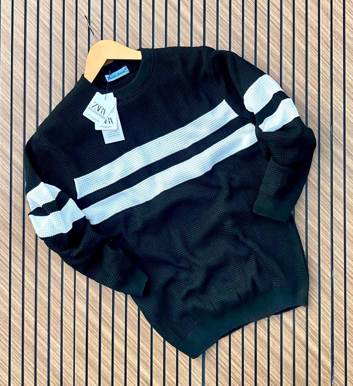 Men's Crew Neck Waffle Knit Striped Pullover Sweater - Thumbnail 2