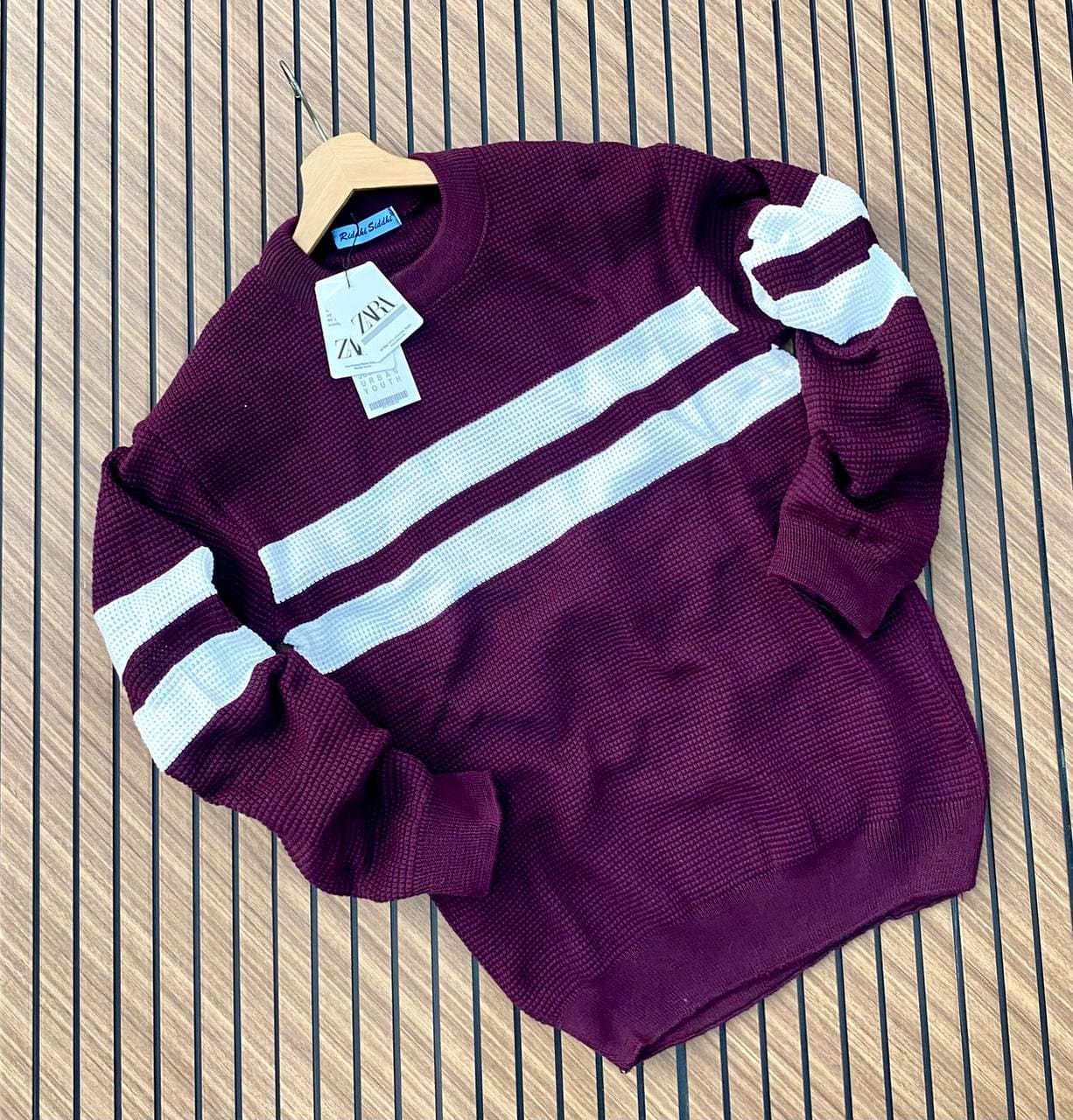 Men's Crew Neck Waffle Knit Striped Pullover Sweater - Thumbnail 3