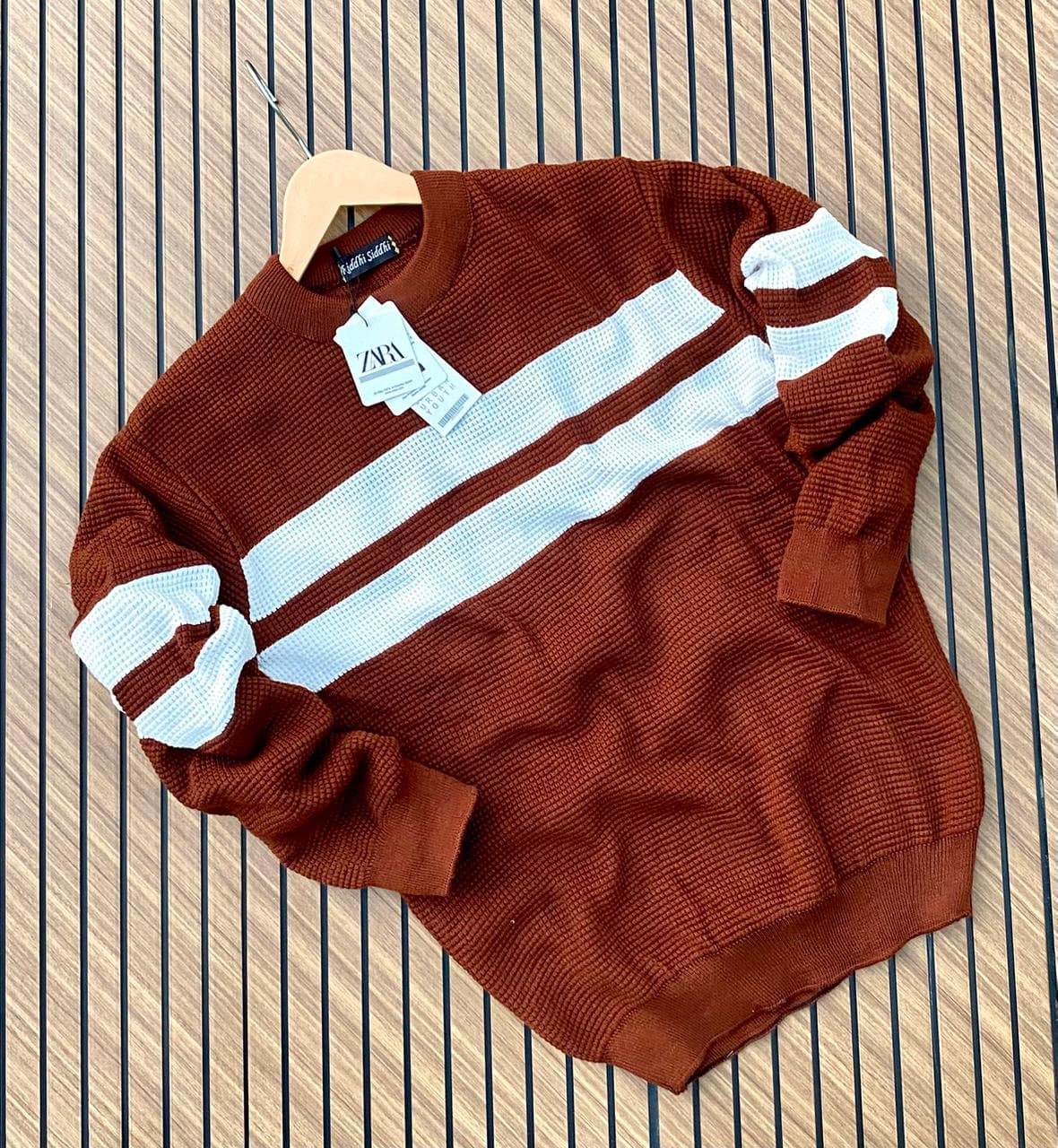 Men's Crew Neck Waffle Knit Striped Pullover Sweater - Thumbnail 4
