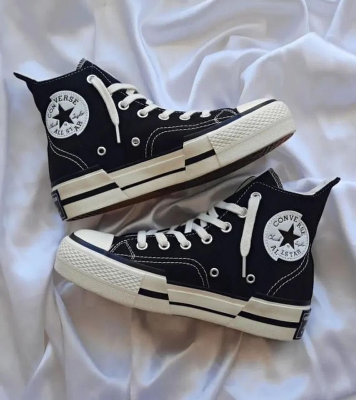 Deconstructed High-Top Canvas Sneakers - Abstract "Glitch" Style (Black)