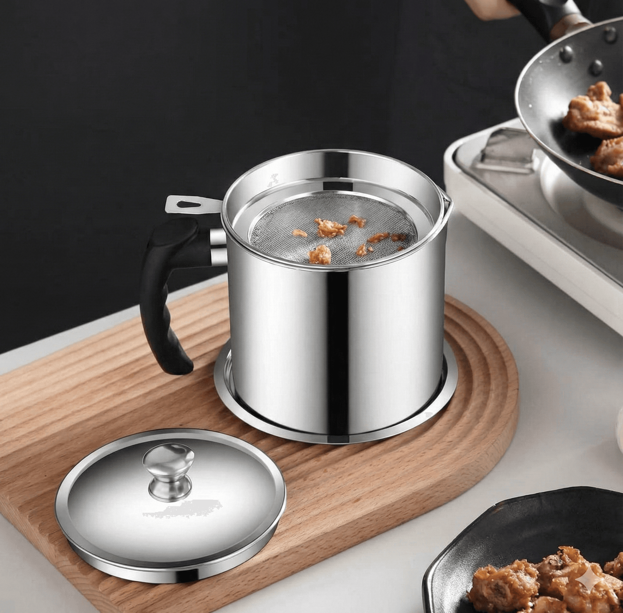 stainless steel oil strainer pot with fine mesh filter