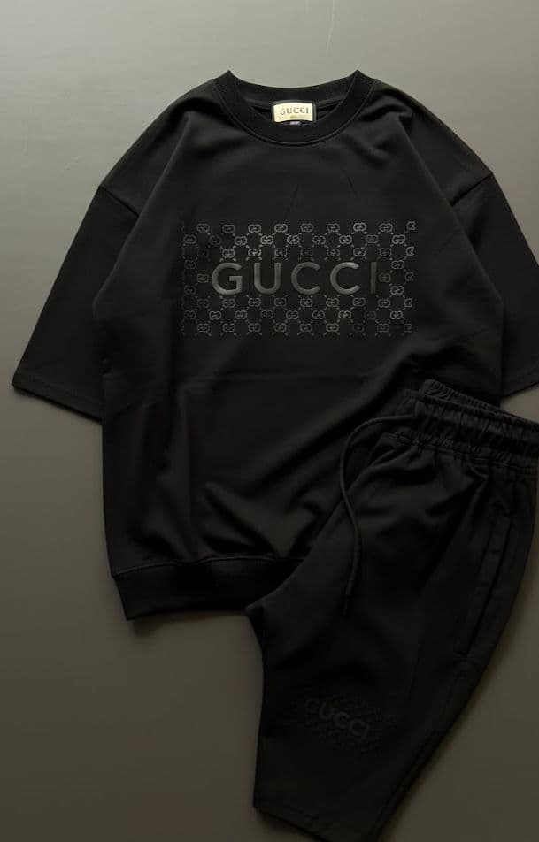 GUCCI Men’s Cotton Co-Ord Set | Premium T-Shirt & Shorts Combo | High GSM Stretchable Fabric - Thumbnail 2