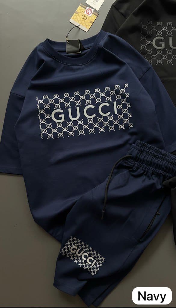 GUCCI Men’s Cotton Co-Ord Set | Premium T-Shirt & Shorts Combo | High GSM Stretchable Fabric - Thumbnail 3