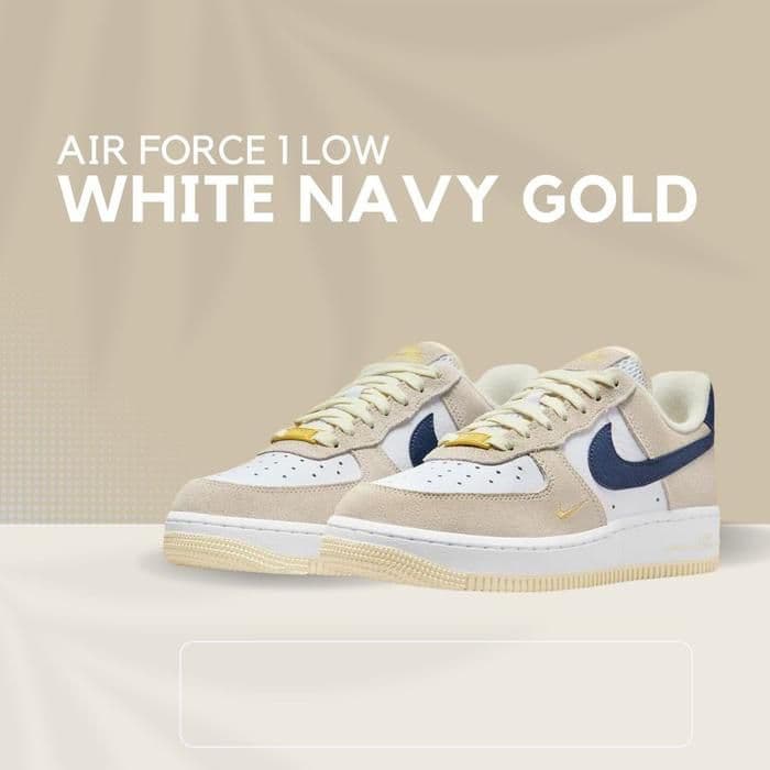 Nike Air Force 1 Low Sneakers | White Navy Gold | Premium Leather