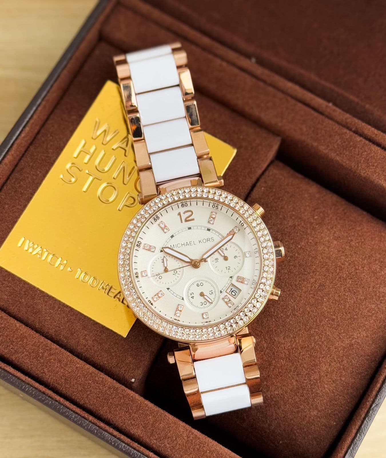 Rose Gold & White Chronograph Women’s Watch with Crystal Bezel - Thumbnail 4