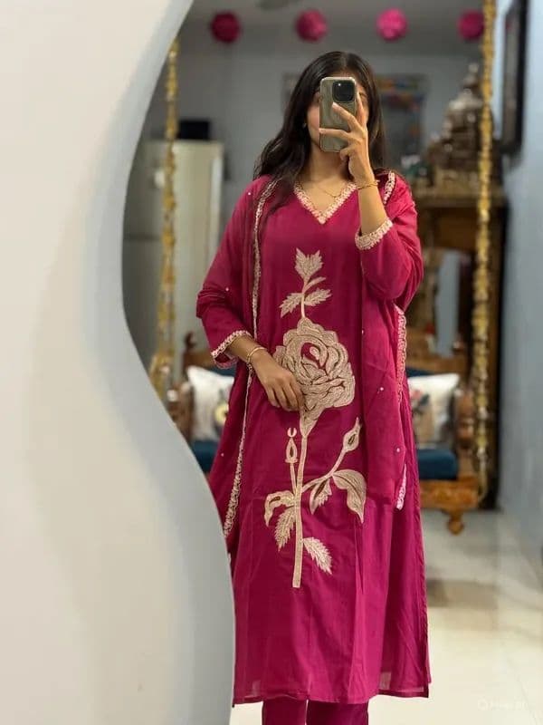 Magenta jaipuri cotton kurti pant dupatta set for women