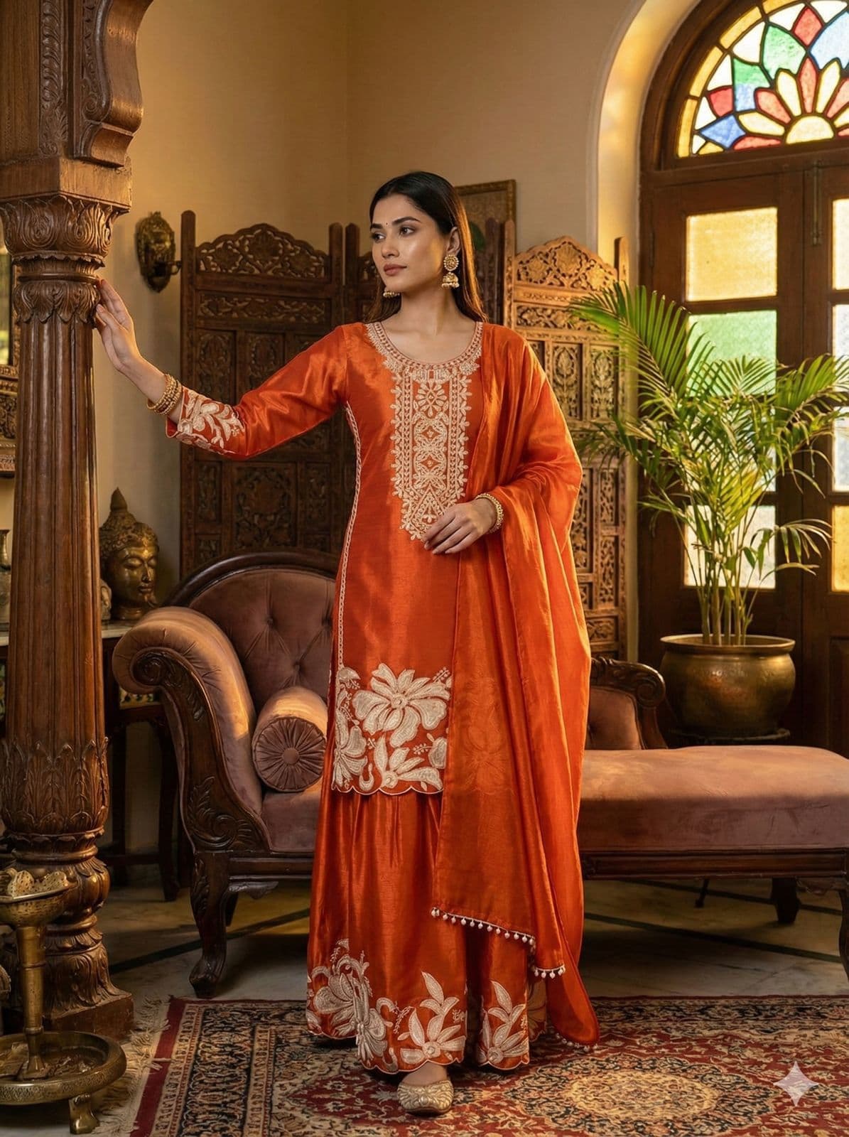 Jimmy Choo Rust Orange Kurta Sharara Set with Dupatta