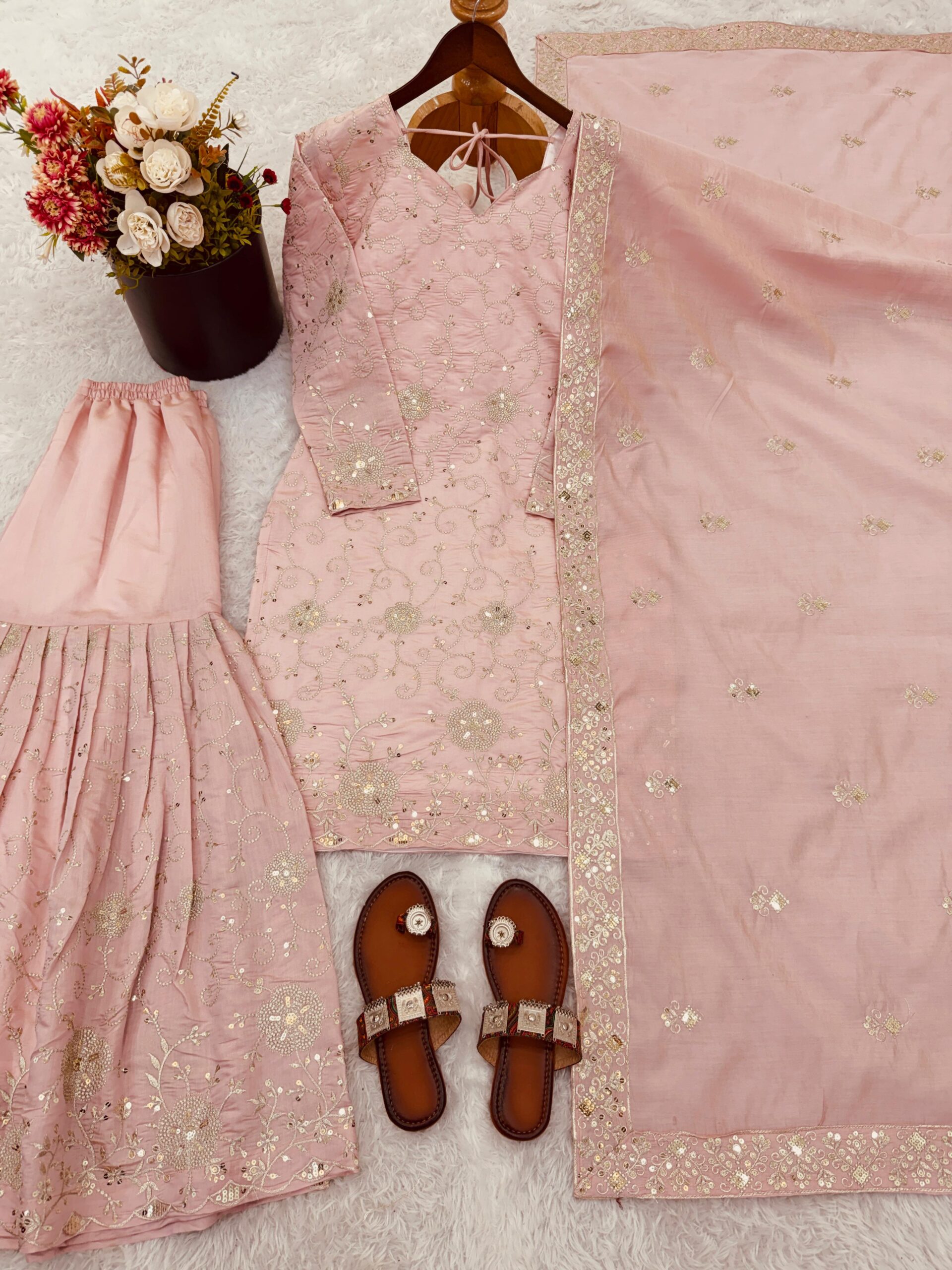 Designer Embroidered Kurta Sharara Dupatta Set in Simar Silk – Ready to Wear - Thumbnail 3