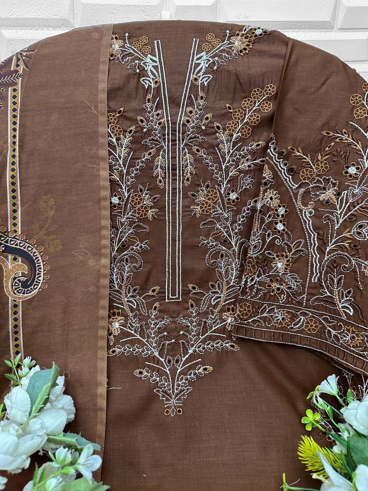 Florent Designer Cambric Cotton Embroidered Kurta Set with Printed Dupatta - Thumbnail 3