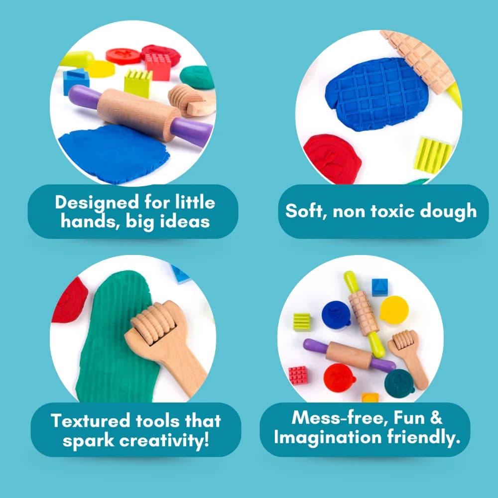 Cots and Cuddles Dough Mould Tool Kit with Fun Shapes & 4pc Clay | Wooden Dough Tool Set for Kids - Thumbnail 3
