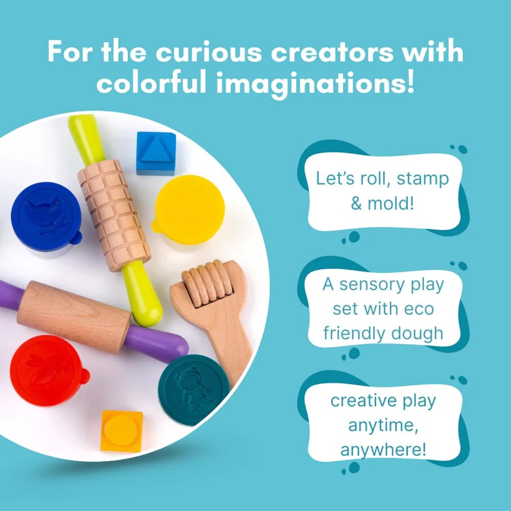 Cots and Cuddles Dough Mould Tool Kit with Fun Shapes & 4pc Clay | Wooden Dough Tool Set for Kids - Thumbnail 4