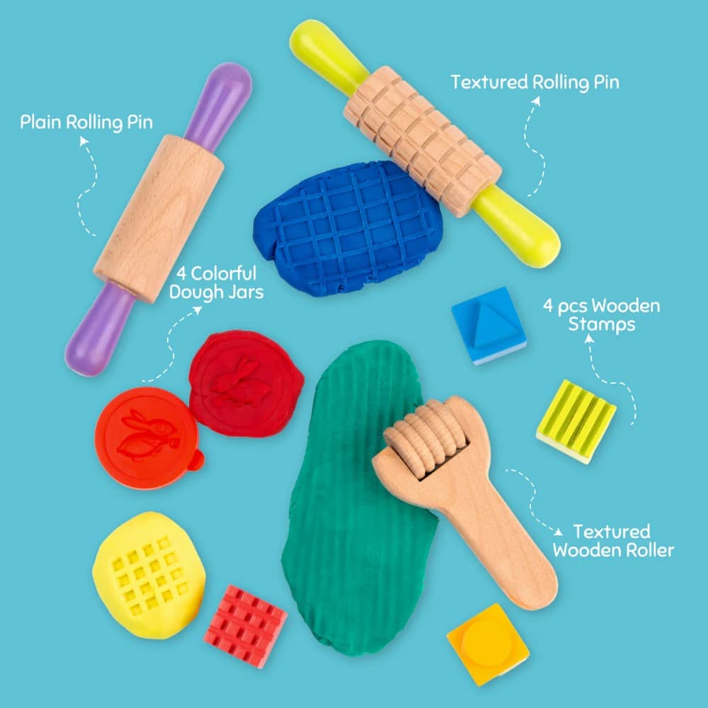 Cots and Cuddles Dough Mould Tool Kit with Fun Shapes & 4pc Clay | Wooden Dough Tool Set for Kids - Thumbnail 2