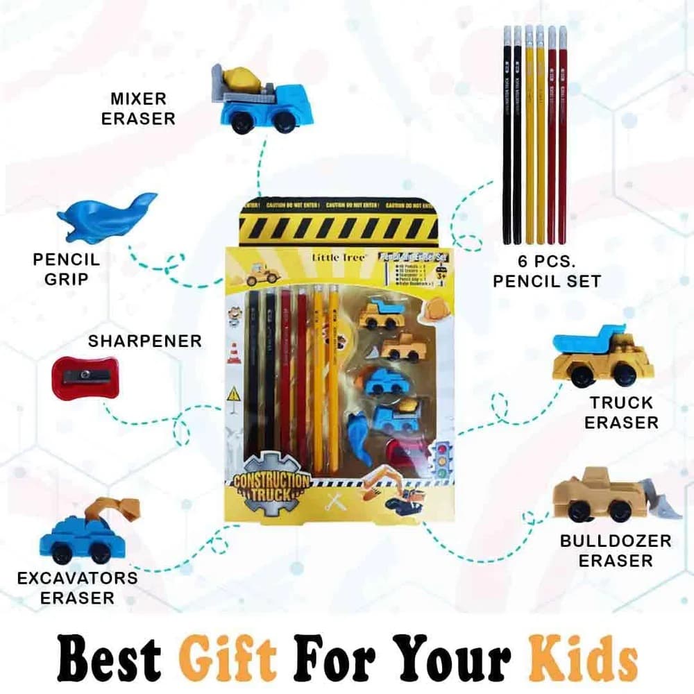 Little Tree Construction Theme Stationery Set for Kids | Pencil & Eraser Gift Kit - Thumbnail 2