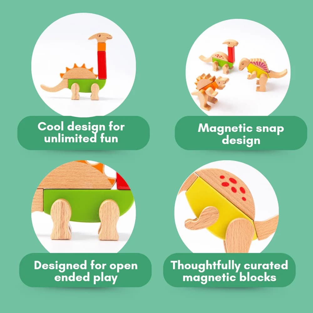 Cots and Cuddles Premium Quality Wooden Dino Magnetic Blocks (26 Pcs) for Kids - Thumbnail 3