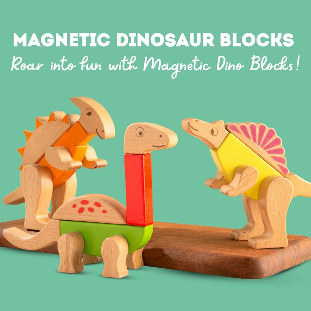Cots and Cuddles Premium Quality Wooden Dino Magnetic Blocks (26 Pcs) for Kids