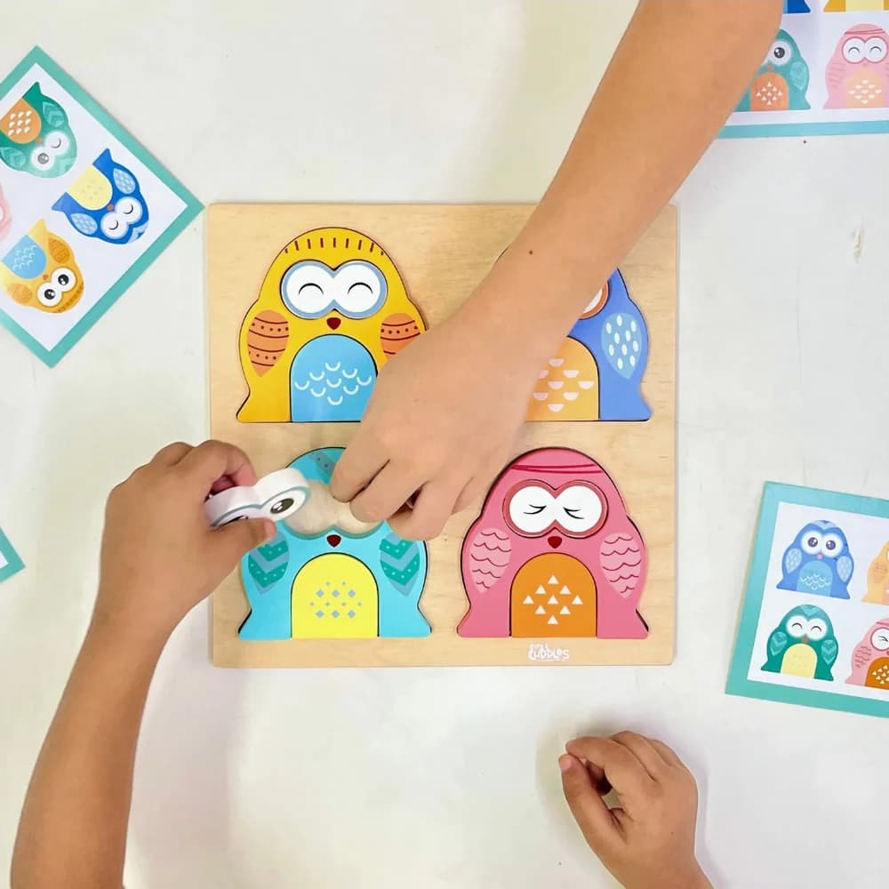 Cots and Cuddles Wooden Owl Face-Changing Puzzle with Match Cards | Kids Dress-Up Learning Toy