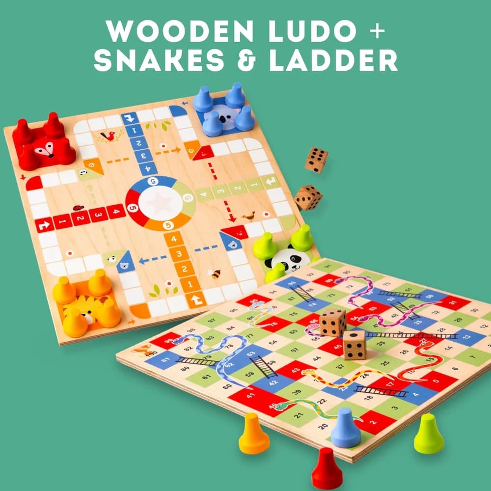 Cots and Cuddles Wooden Ludo & Snakes and Ladders Board Game for Kids Age 2+