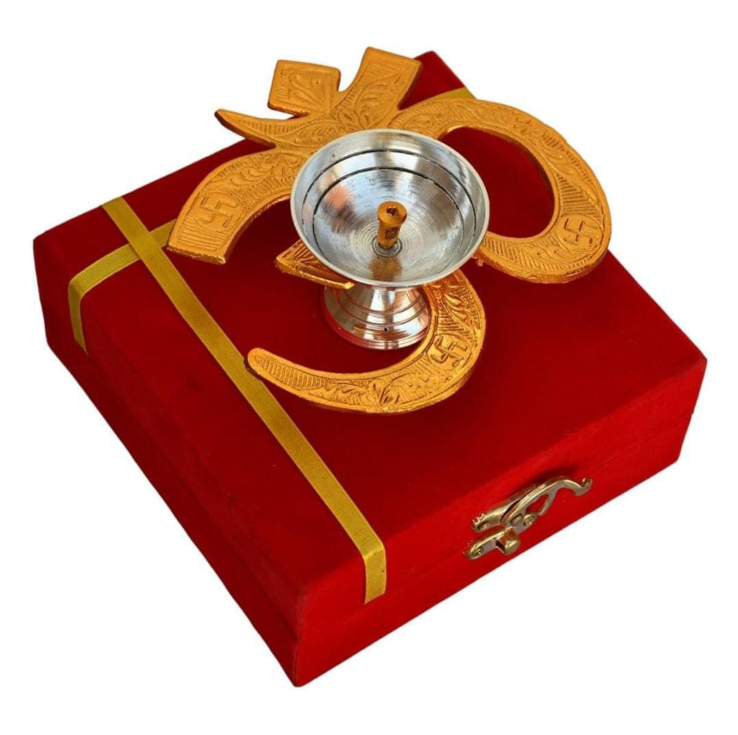 Om Shaped Brass Diya with Velvet Box | Religious Pooja Lamp for Home & Temple