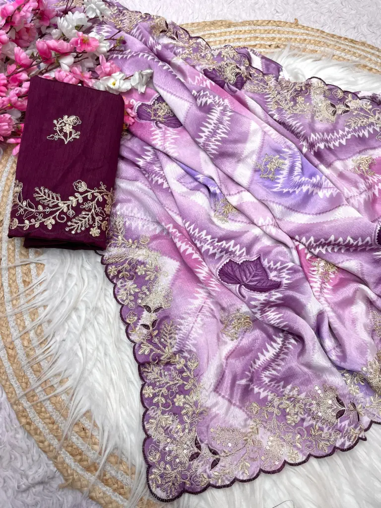 Bollywood-Inspired Chinon Saree with C-Pallu Pitta Work & Mono Banglori Blouse