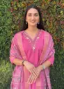 Designer Kurti Pant Dupatta Set in Rouge Roman Silk with Hand Work & Chanderi Dupatta