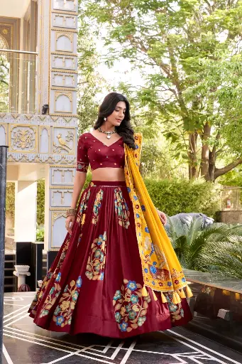 Festive Lehenga Choli Set in Tussar Silk | Printed + Foil Work | With Dupatta 